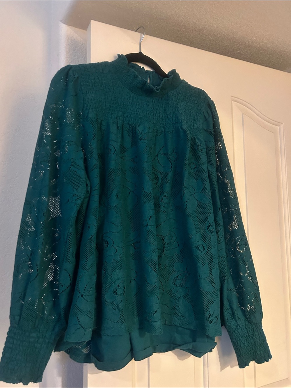 Sundance Teal Lace Smocked-Yoke Blouse